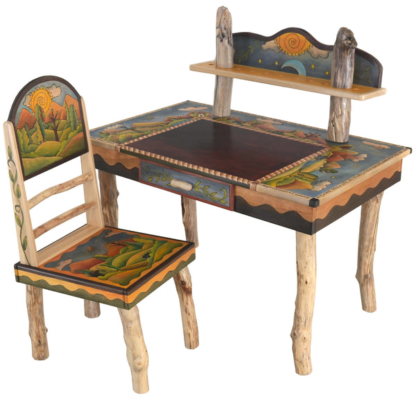 Desk with Shelf –  Playful mountain landscape desk with sun and moon motifs and shelf for books