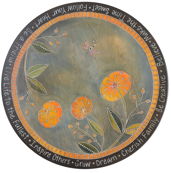 20" Lazy Susan –  Stunning contemporary floral lazy susan painted in blues and yellows with scratchboard treatment all over