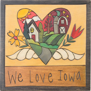 7"x7" Plaque –  Rural farm landscape within a heart with wings motif