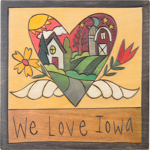 7"x7" Plaque –  Rural farm landscape within a heart with wings motif