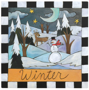 Sticks handmade wall plaque with "Winter" quote and snowy nighttime landscape with snowman and deer
