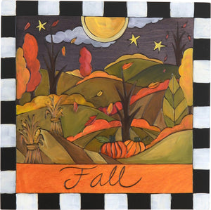 Sticks handmade wall plaque with "Fall" quote, autumn landscape and checked border