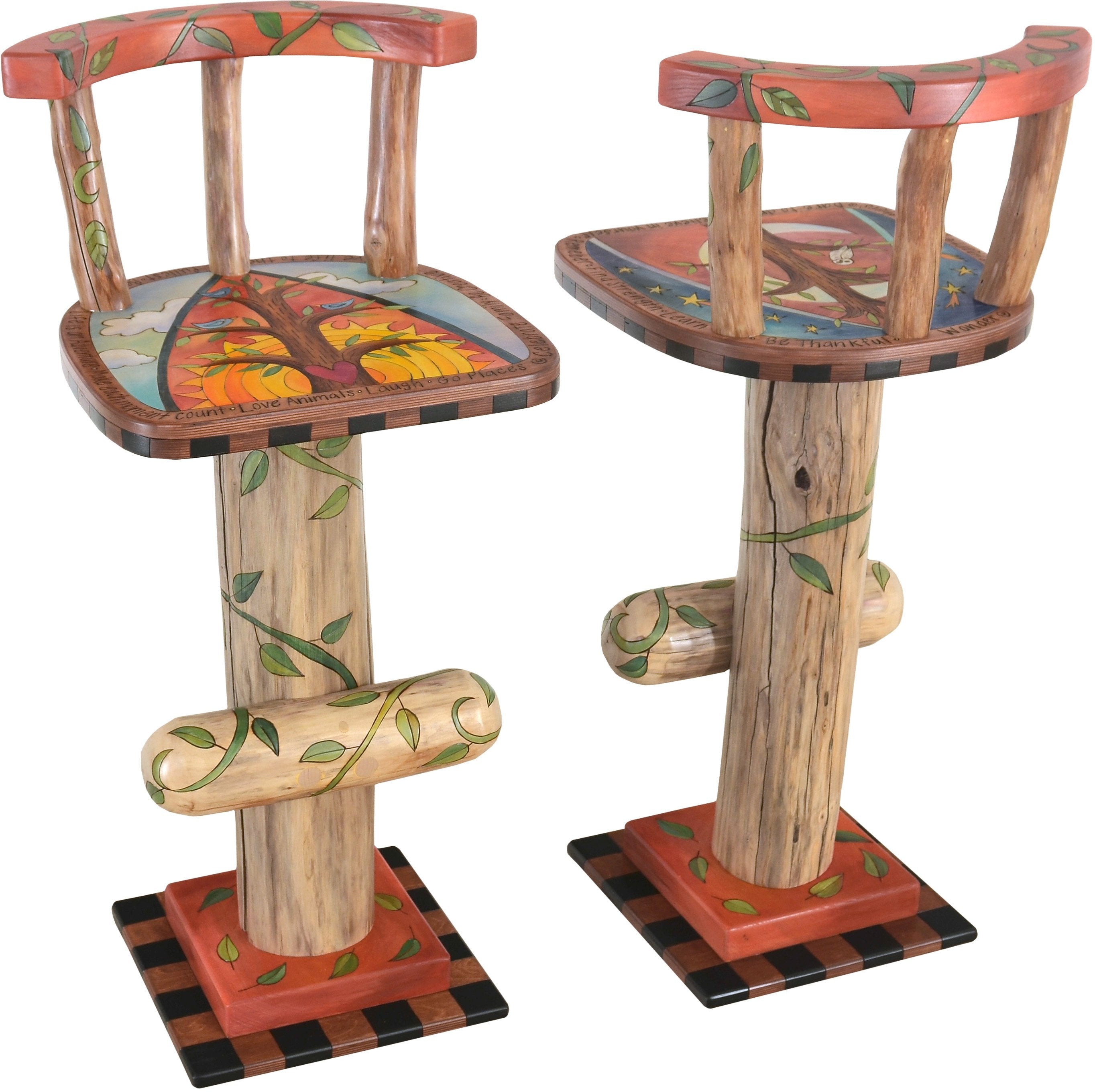 Stool Set with Backs –  Stool set with backs with sun and moon over the tree of life motif