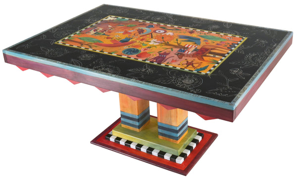 Rectangular Dining Table –  Eclectic folk art table with block floral designs and colorful floating icons and symbols in the center