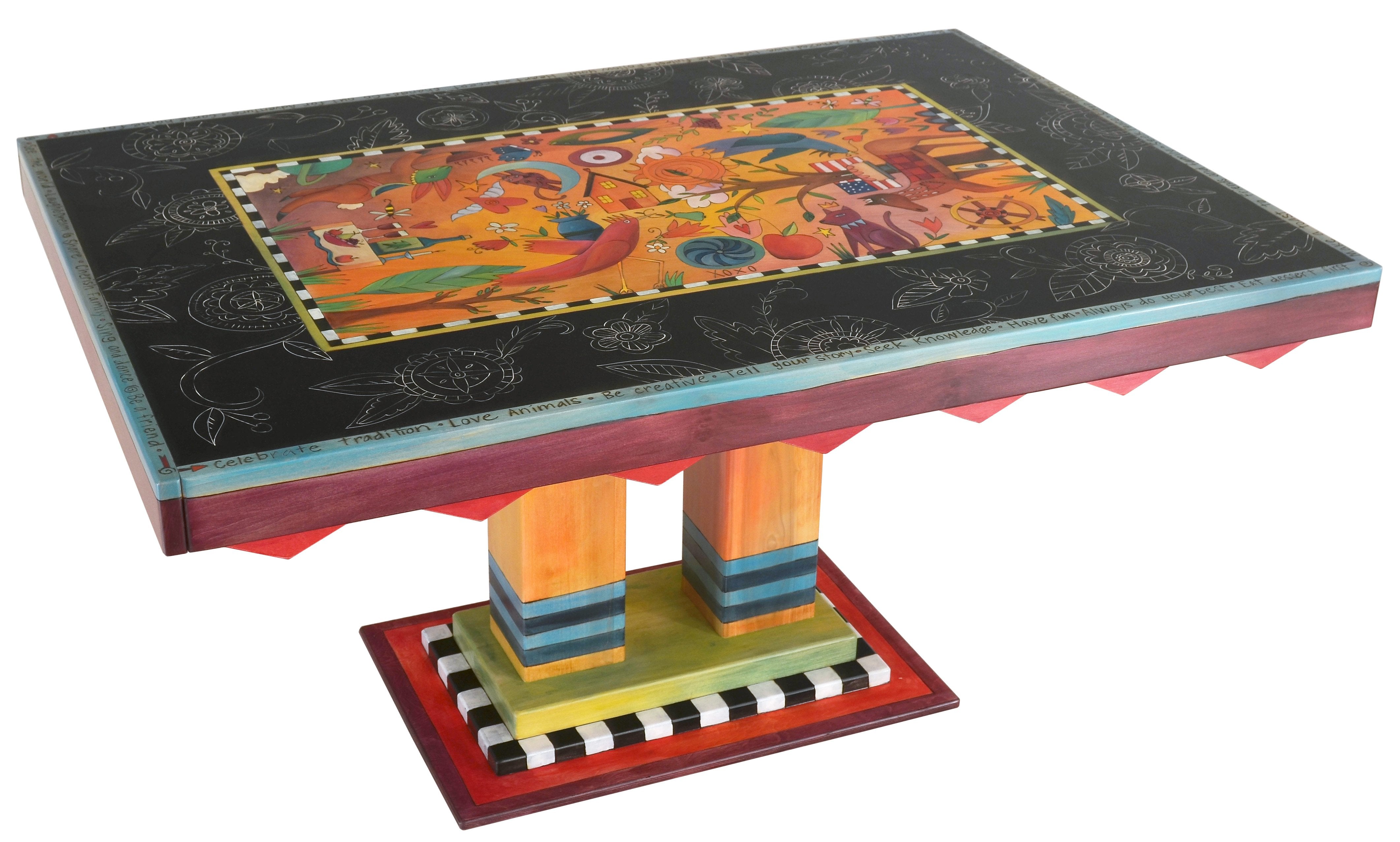 Rectangular Dining Table –  Eclectic folk art table with block floral designs and colorful floating icons and symbols in the center