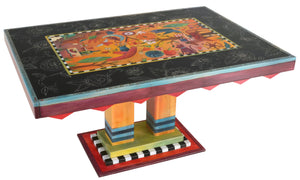 Rectangular Dining Table –  Eclectic folk art table with block floral designs and colorful floating icons and symbols in the center