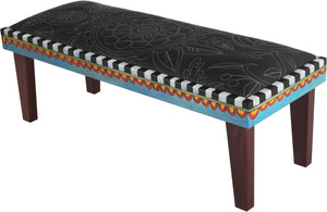 Sticks handmade 4' bench with leather and black and white design