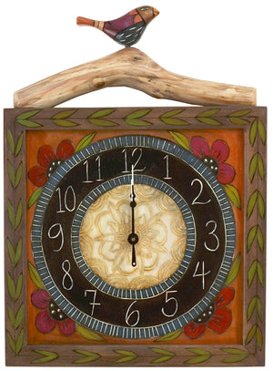 Square Wall Clock –  Beautiful, simple floral clock motif with scratchboard paint accents