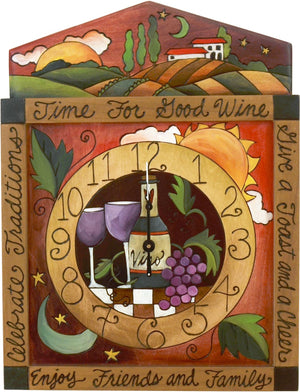 Square Wall Clock –  "Time for Good Wine" wall clock with wine and grapes motif