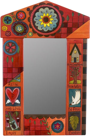 Small Mirror –  "Home Sweet Home" mirror with contemporary floral motif on a red background