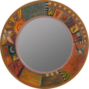 Large Circle Mirror –  Elegant and neutral color palette large round mirror with inspirational phrases, block icons and patterns