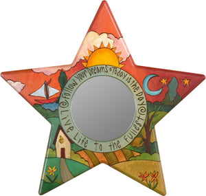 Star Shaped Mirror –  "Live Life to the Fullest" star-shaped mirror with sun and moon over home on the rolling hills motif