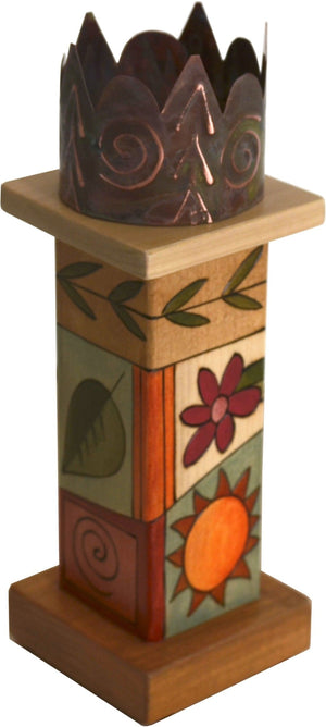 Small Pillar Candle Holder –  Beautiful candle holder with colorful block icons and unique stamped metal element