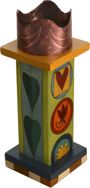 Small Pillar Candle Holder –  Lovely candle holder with block icons and leaf motifs