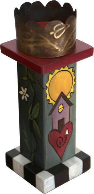 Small Pillar Candle Holder –  Elegant pillar candle holder with flowering vine motif and unique stamped metal element