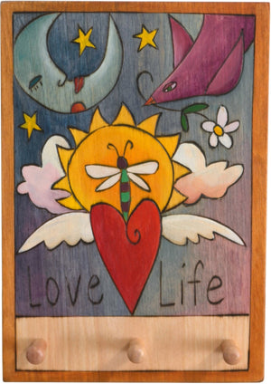 Vertical Key Ring Plaque –  "Love Life," key ring plaque with sun and moon motif and three pegs for keys