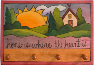 Horizontal Key Ring Plaque –  "Home is Where the Heart is" key ring plaque with heart home, landscape and sunrise