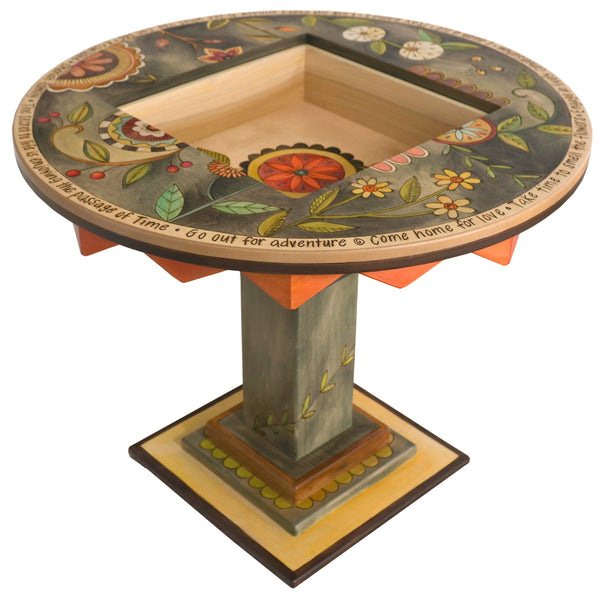 Flip-Top Game Table –  "Go Out for Adventure/Come Home for Love" flip-top game table with checkerboard surrounded by beautiful floral motif