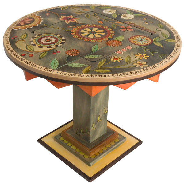 Flip-Top Game Table –  "Go Out for Adventure/Come Home for Love" flip-top game table with checkerboard surrounded by beautiful floral motif