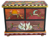 Small Dresser –  Beautiful dresser painted in rich hues with colorful block patterning and symbolic imagery