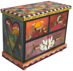 Small Dresser –  Beautiful dresser painted in rich hues with colorful block patterning and symbolic imagery