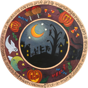 20" Lazy Susan –  A happy Halloween trick or treat motif in a spooky blue and purple palette