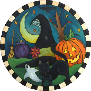 Sticks Handmade 20"D lazy susan with Halloween scene, black cat, witch hat and a carved pumpkin