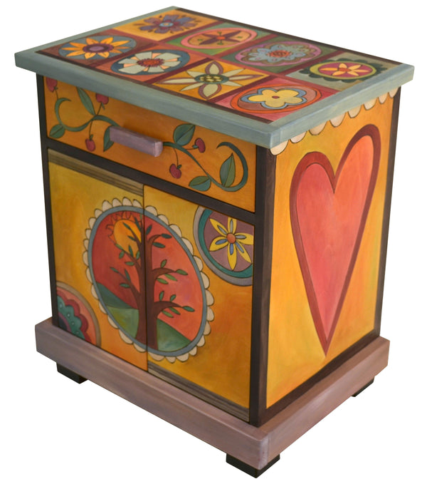 Nightstand Cabinet –  Bright and colorful contemporary folk art nightstand with floral motifs