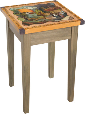Small Square End Table –  Lovely square end table with rolling four seasons landscape and inspirational phrases border