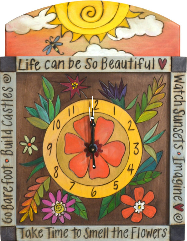 Square Wall Clock –  "Life can be so Beautiful" wall clock with sun and flower motif