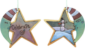 Moon and Star Ornament –  "Celebrate" moon and star ornament with sleepy mister moon and smiley snowman motif
