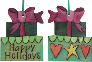 Present Ornament –  "Happy Holidays" gifts ornament with star and hearts