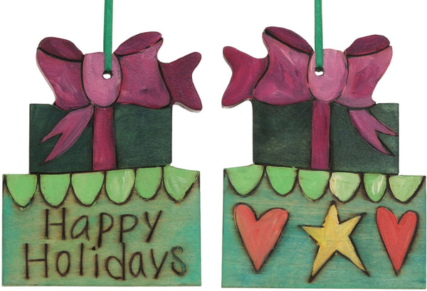 Present Ornament –  "Happy Holidays" gifts ornament with star and hearts