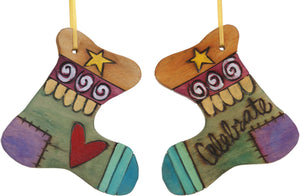 Stocking Ornament –  "Celebrate" stocking ornament with blue toe and heart motif