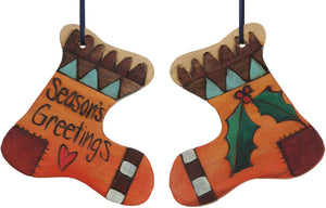 Stocking Ornament –  "Season's Greetings" stocking ornament with mistletoe and heart motif
