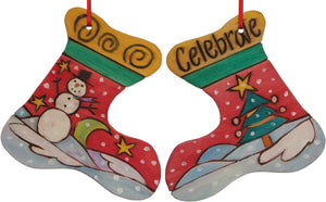 Stocking Ornament –  "Celebrate" stocking ornament with smiley snowman and bright Christmas tree motif