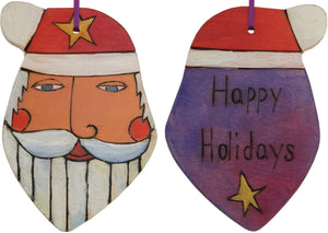 Santa Ornament –  Festive Santa ornament with pink magenta and purple back, "Happy Holidays"