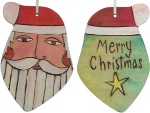 Santa Ornament –  Festive Santa ornament with yellow green back, "Merry Christmas"