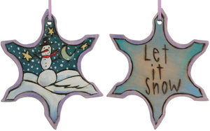 Snowflake Ornament –  "Let is Snow" snowflake ornament with smiley snowman and moon motif