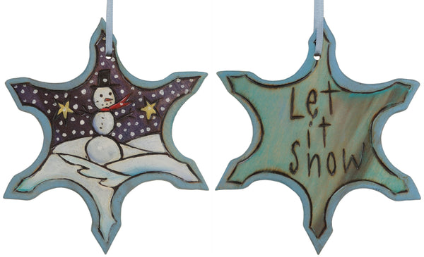 Snowflake Ornament –  "Let is Snow" snowflake ornament with smiley snowman motif