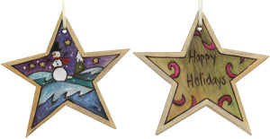 Star Ornament –  "Happy Holidays" star ornament with smiley snowman motif
