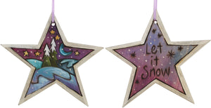Star Ornament –  "Let it Snow" star ornament with snow-covered pine trees and moon motif