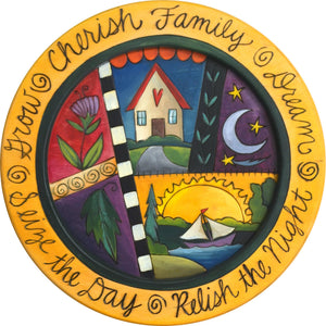 16" Round Tray –  Cherish Family/Seize the Day round tray with home and sailboat motif