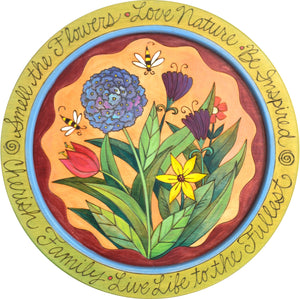 18" Round Tray –  Smell the Flowers round tray with floral and bee motif