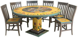 Sticks handmade dining table with colorful folk art imagery and matching chairs