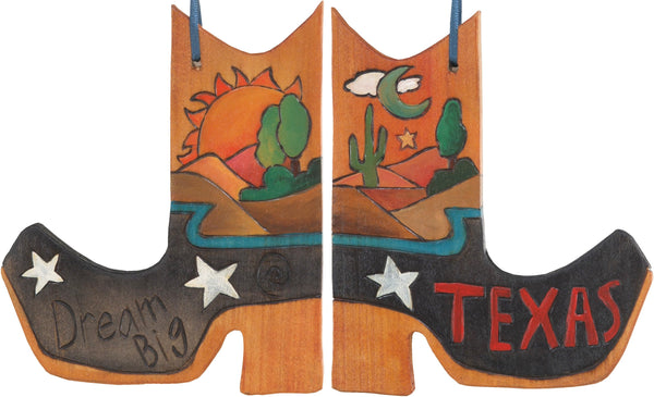 Boot Ornament –  Dream Big/Texas boot ornament with sunset on the desert and cacti motif