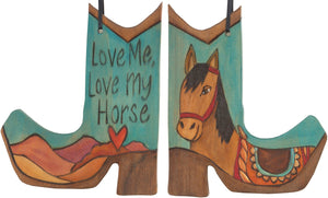 Boot Ornament –  Love Me, Love My Horse boot ornament with blue themed horse motif
