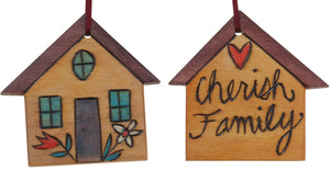 House Ornament –  "Cherish Family" house ornament with yellow home and flower motif