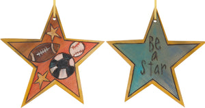 Star Ornament –  "Be a Star" star ornament with soccer ball, baseball and football motif