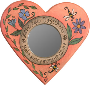 Heart Shaped Mirror –  "Make Every Moment Count" heart-shaped mirror with flower and bee motif